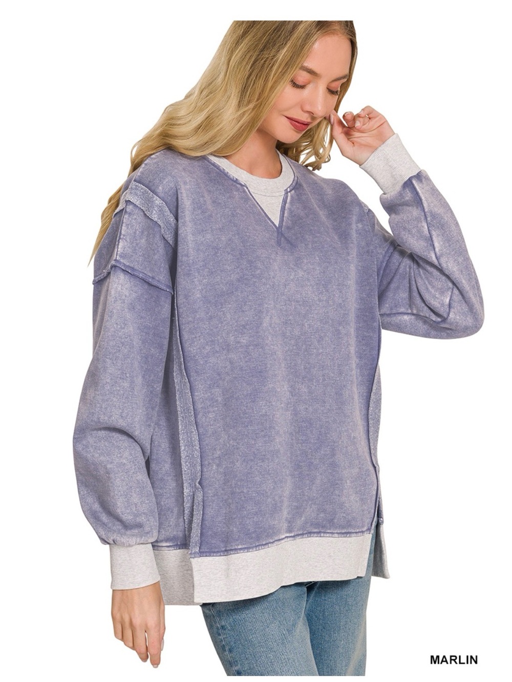 Zenana Outfitters Marlin Mineral-Wash Lavender Pullover Sweatshirt